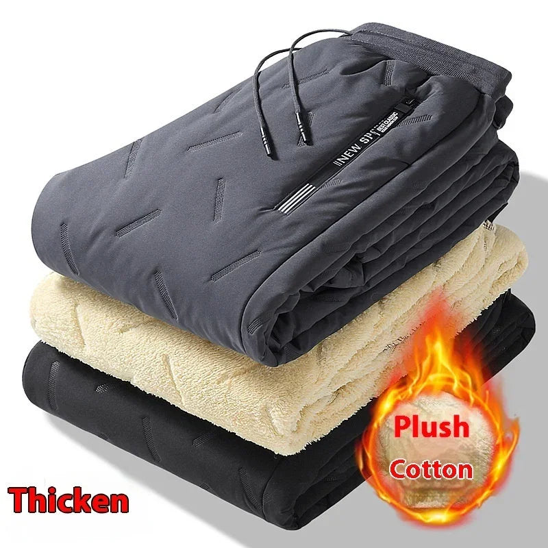 Stack of thick plush cotton jogger pants in black, beige, and gray, warm relaxed fit