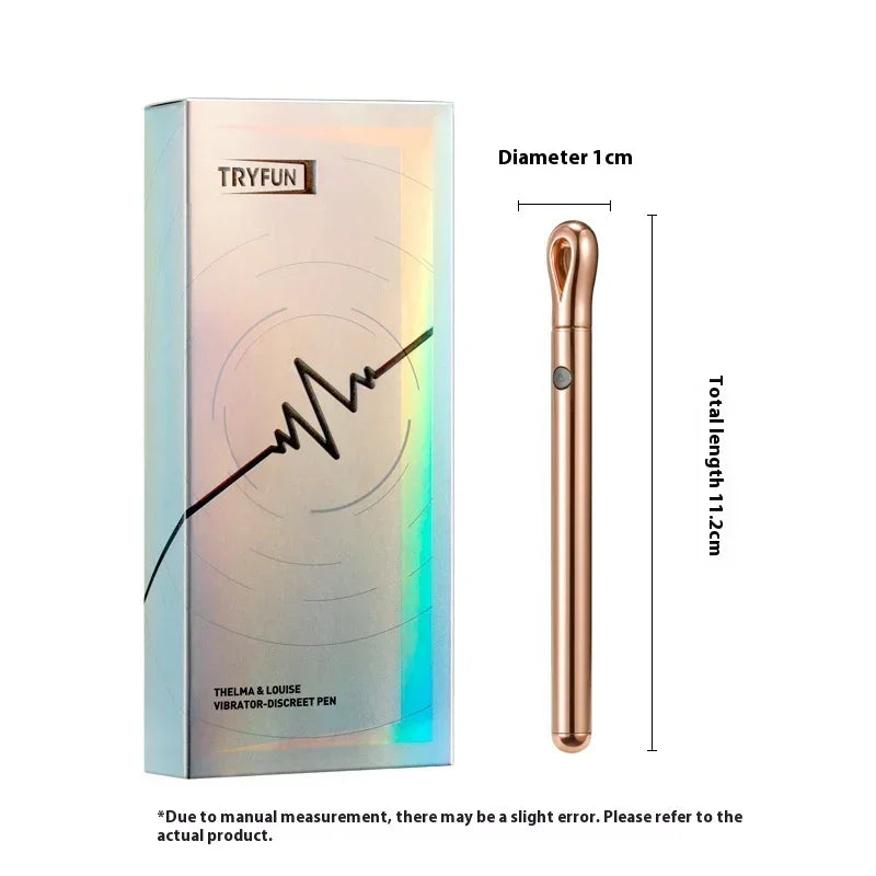 Slim rose gold metallic pen-shaped device measuring 11.2 cm length, 1 cm diameter, modern design, next to iridescent packaging.
