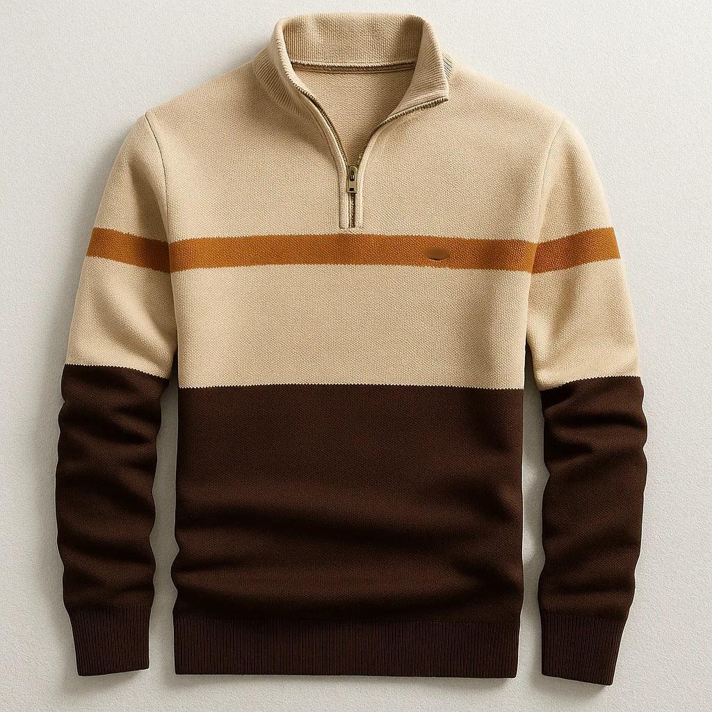 Beige, brown, and tan colorblock knit pullover sweater with half-zip and relaxed fit.