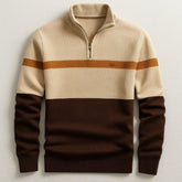 Beige, brown, and tan colorblock knit pullover sweater with half-zip and relaxed fit.