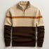 Beige, brown, and tan colorblock knit pullover sweater with half-zip and relaxed fit.