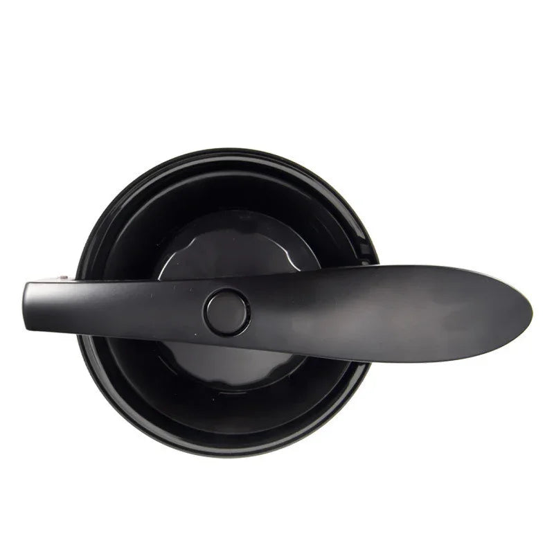 Top view of a black plastic mixing bowl with a sleek, attached stirring handle