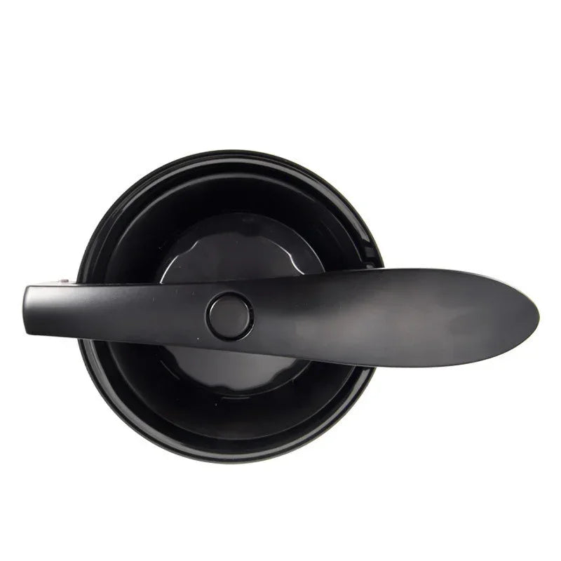 Top view of a black plastic mixing bowl with a sleek, attached stirring handle
