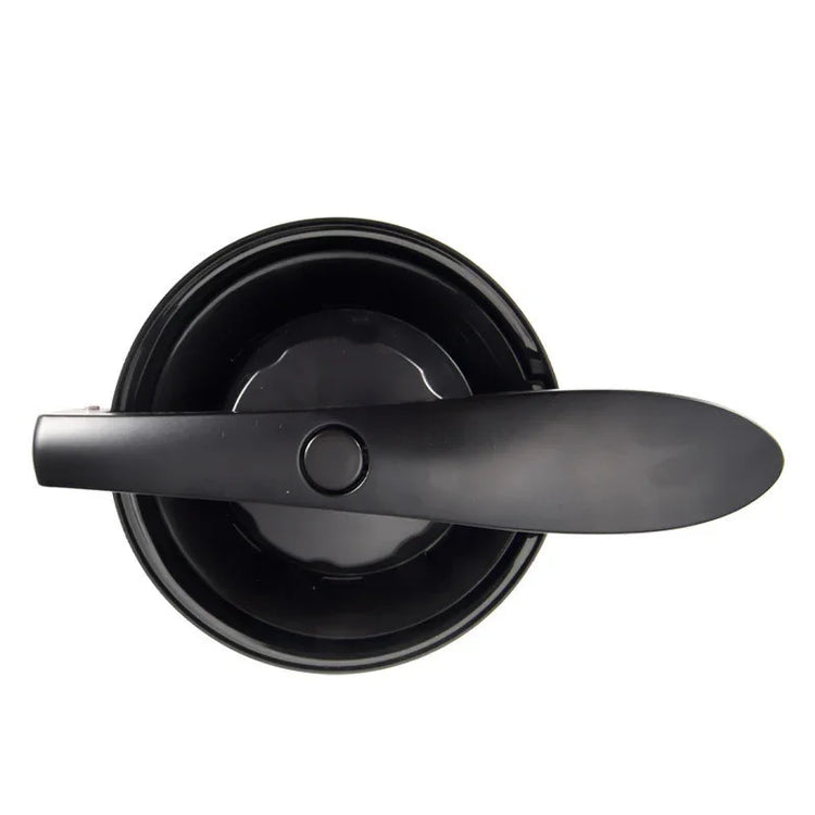 Top view of a black plastic mixing bowl with a sleek, attached stirring handle
