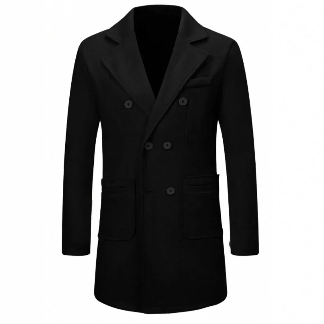 Black double-breasted long coat, tailored fit, notch lapel, wool blend, minimalist style