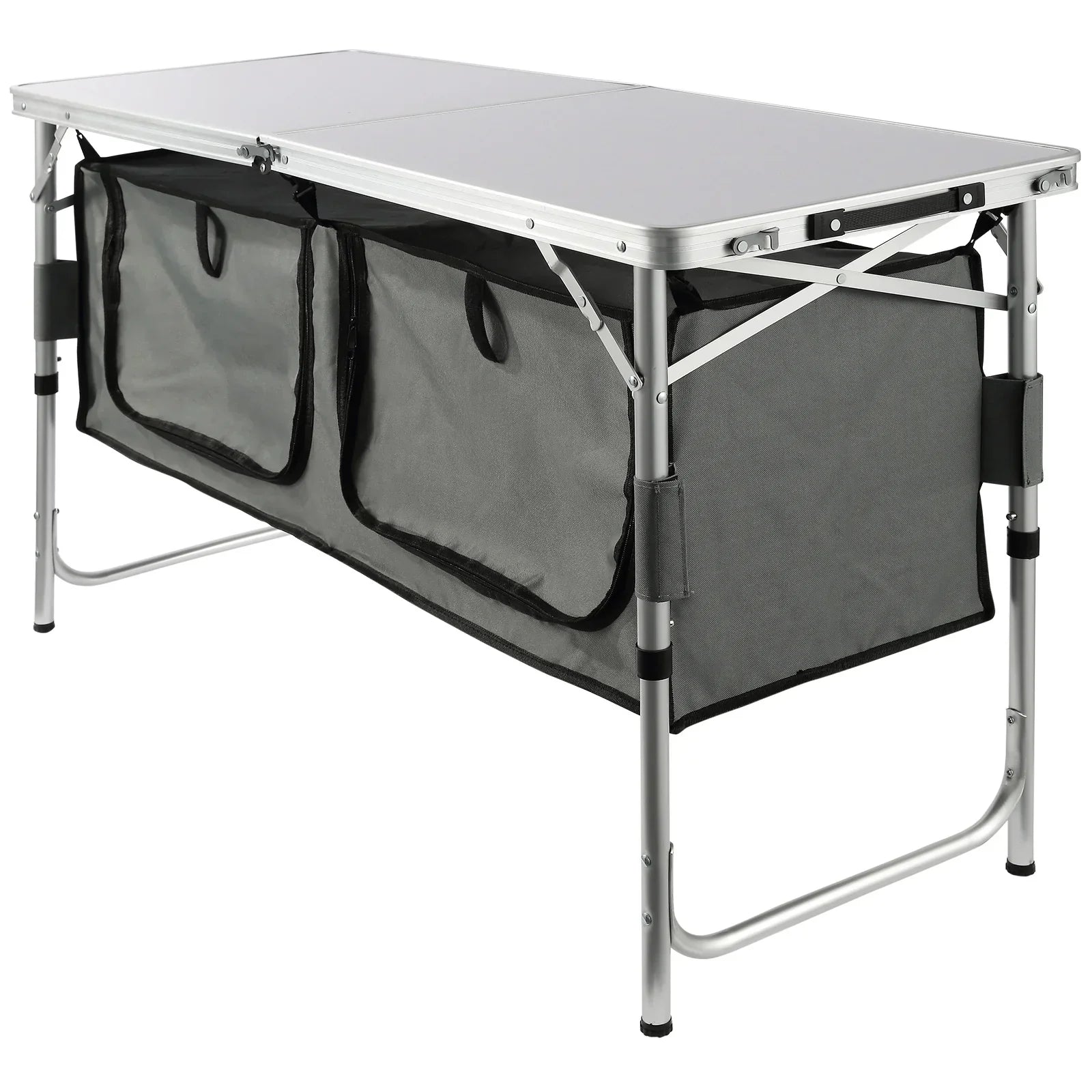 Folding aluminum camping table with gray fabric storage compartments, modern design