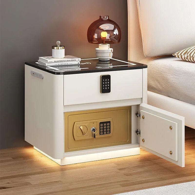 Modern white nightstand with black top, electronic lock drawer, built-in gold safe, and ambient lighting.