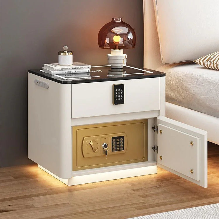 Modern white nightstand with black top, electronic lock drawer, built-in gold safe, and ambient lighting.