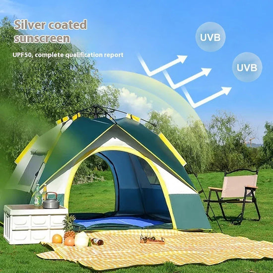 Green and yellow pop-up tent with silver-coated UV protection, outdoor picnic setting