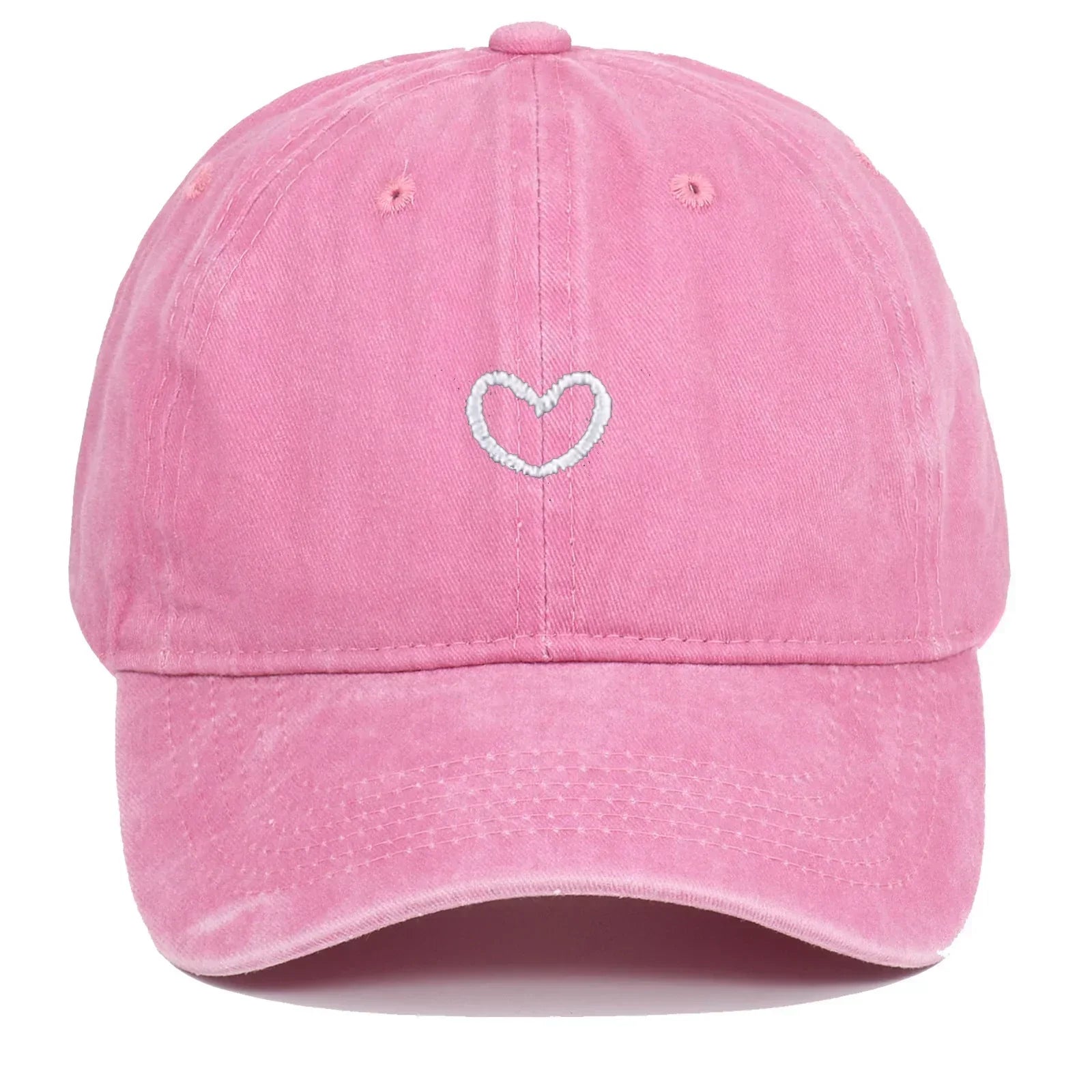 Pink cotton dad hat with white embroidered heart, relaxed fit streetwear cap