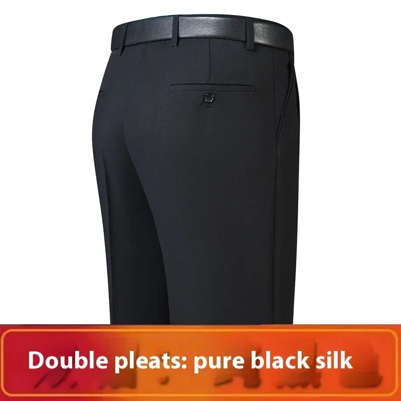 Men's double pleated black silk dress pants with slim fit and back pocket detail