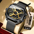 Black and gold square watch with mesh band, dual time display, and modern metallic design.