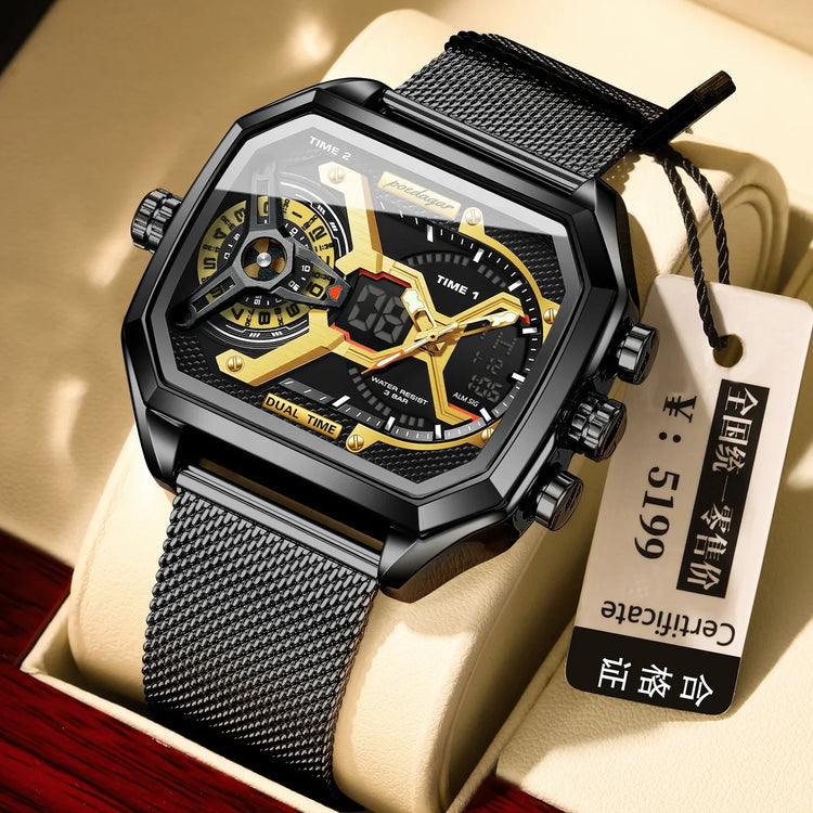 Black and gold square watch with mesh band, dual time display, and modern metallic design.