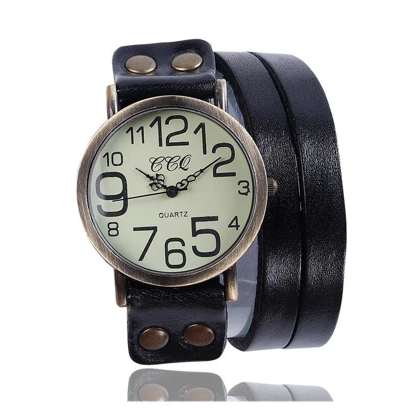 Vintage-style quartz watch with large numerals and black leather wrap strap