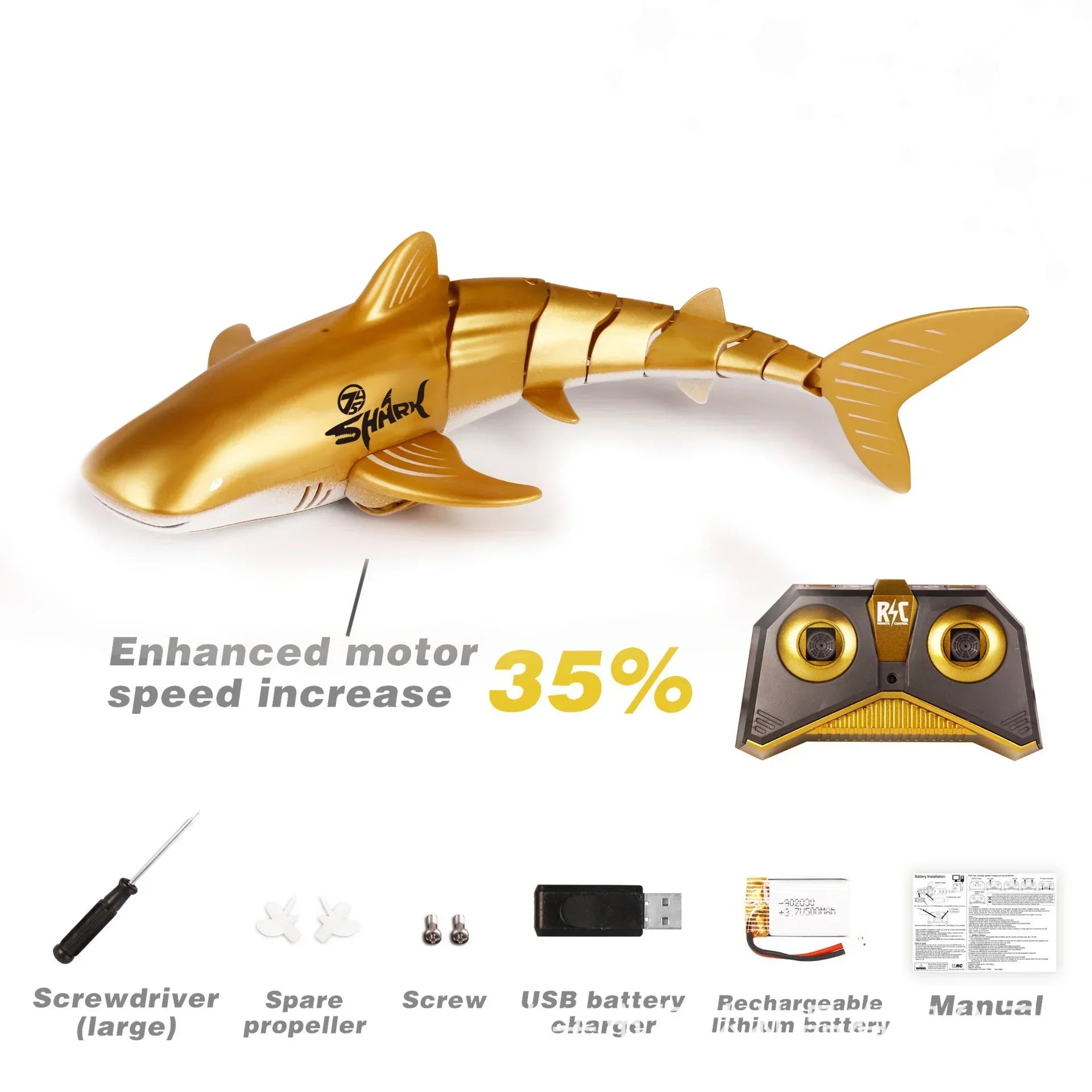 Gold remote control shark toy with accessories including screwdriver, propellers, battery, and manual.