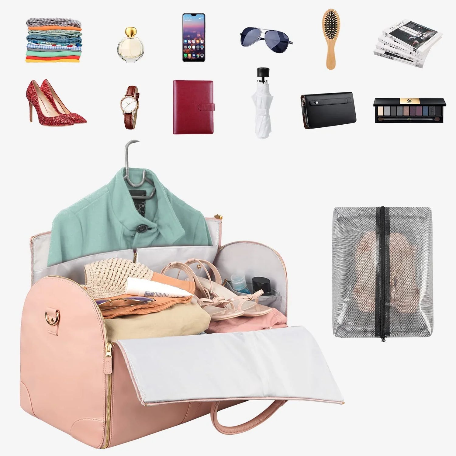 Pastel pink travel bag with organized compartments, featuring clothing, shoes, and accessories.