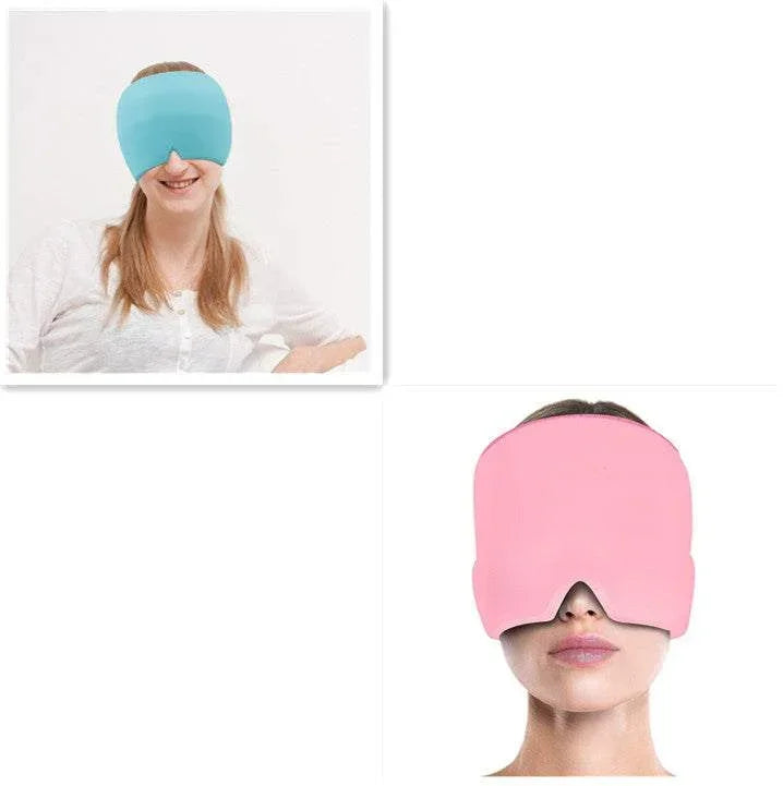Women wearing pastel blue and pink oversized sleep masks, soft fabric, relaxed fit