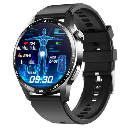 Black silicone band smart watch with futuristic digital health display