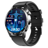 Black silicone band smart watch with futuristic digital health display