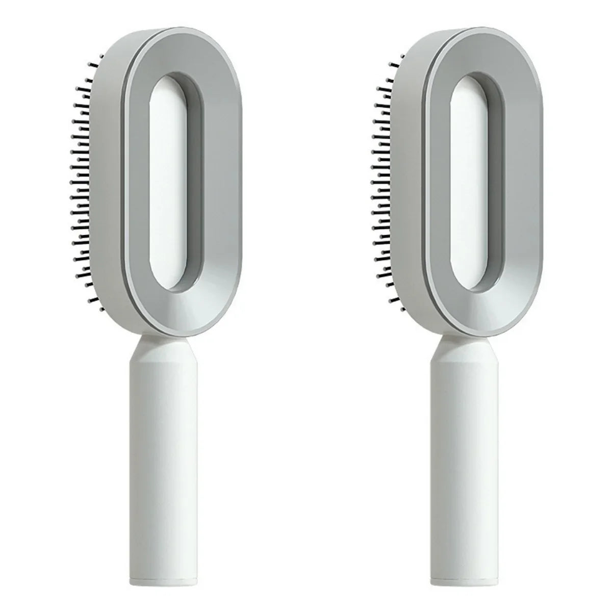 Modern grey and white oval hair brushes with ergonomic handles and sleek design