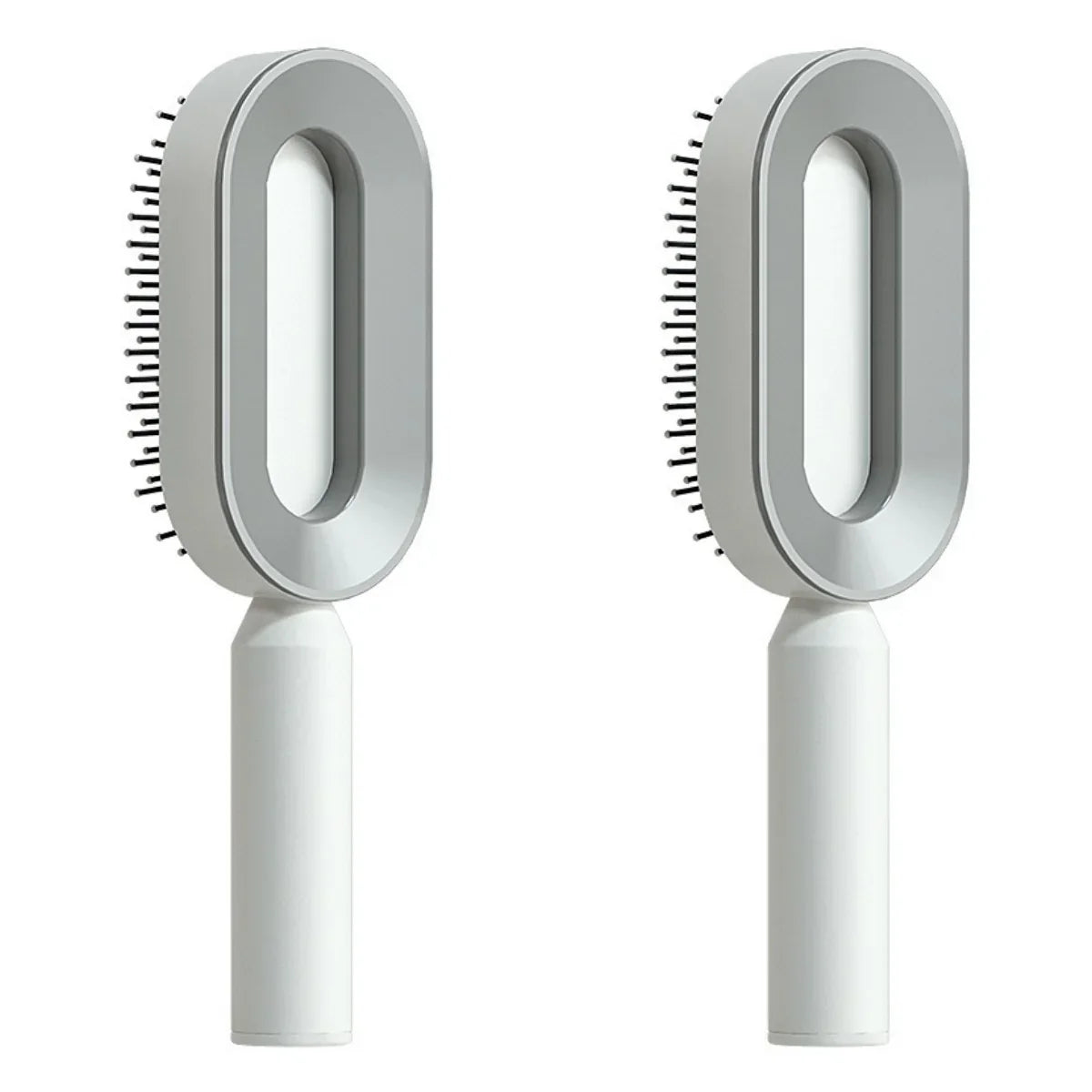 Modern grey and white oval hair brushes with ergonomic handles and sleek design