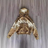 Brown oversized hoodie with bold white graffiti print, streetwear cotton pullover fit
