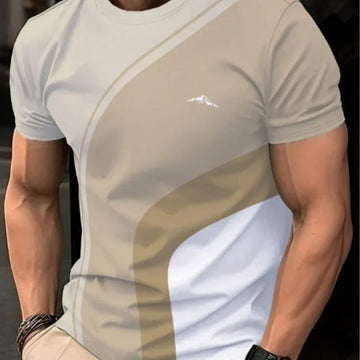 Men's fitted short sleeve t-shirt in beige, tan, and white color block design, soft material
