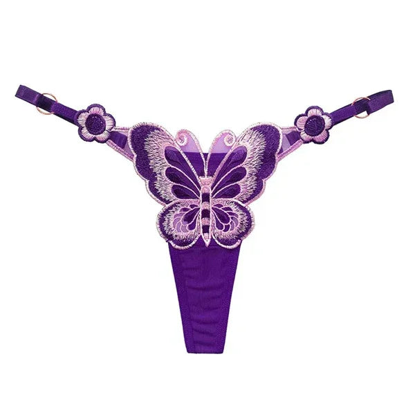 Purple butterfly lace thong with adjustable straps and floral embroidery, modern fit.