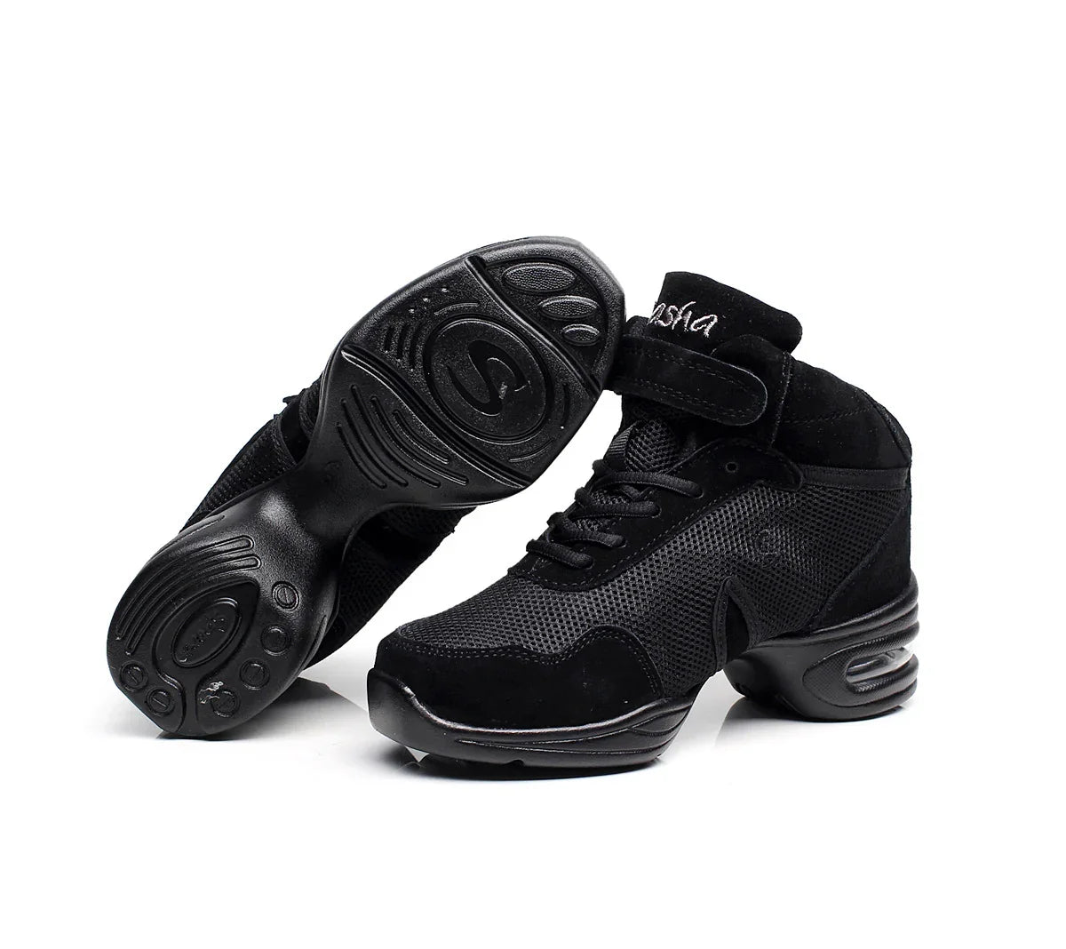 Black mesh high-top sneakers with suede accents, lace-up front, and chunky rubber sole