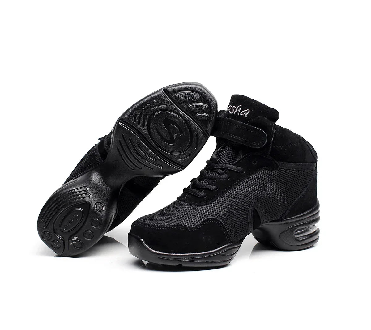 Black mesh high-top sneakers with suede accents, lace-up front, and chunky rubber sole