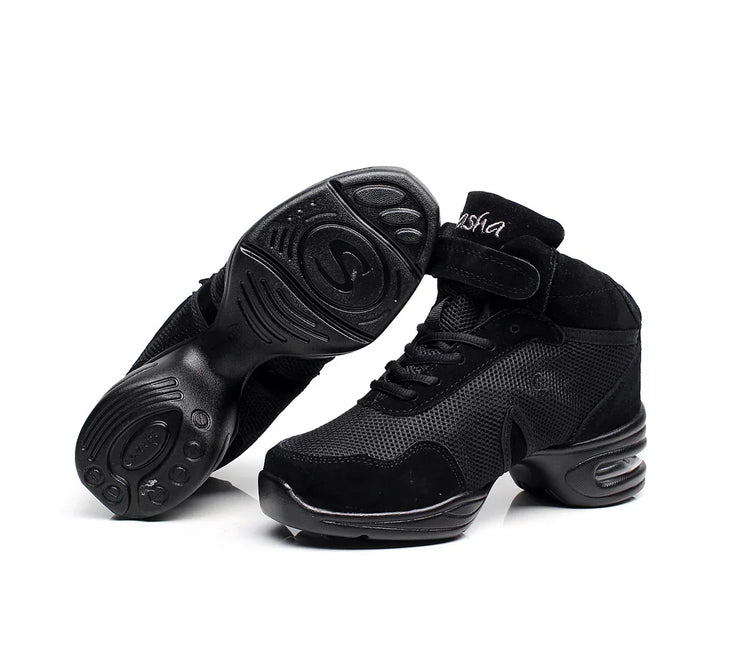 Black mesh high-top sneakers with suede accents, lace-up front, and chunky rubber sole