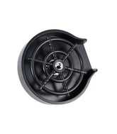 Round black plastic organizer tray with central spinning wheel and open side section