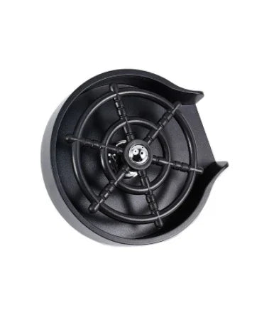 Round black plastic organizer tray with central spinning wheel and open side section