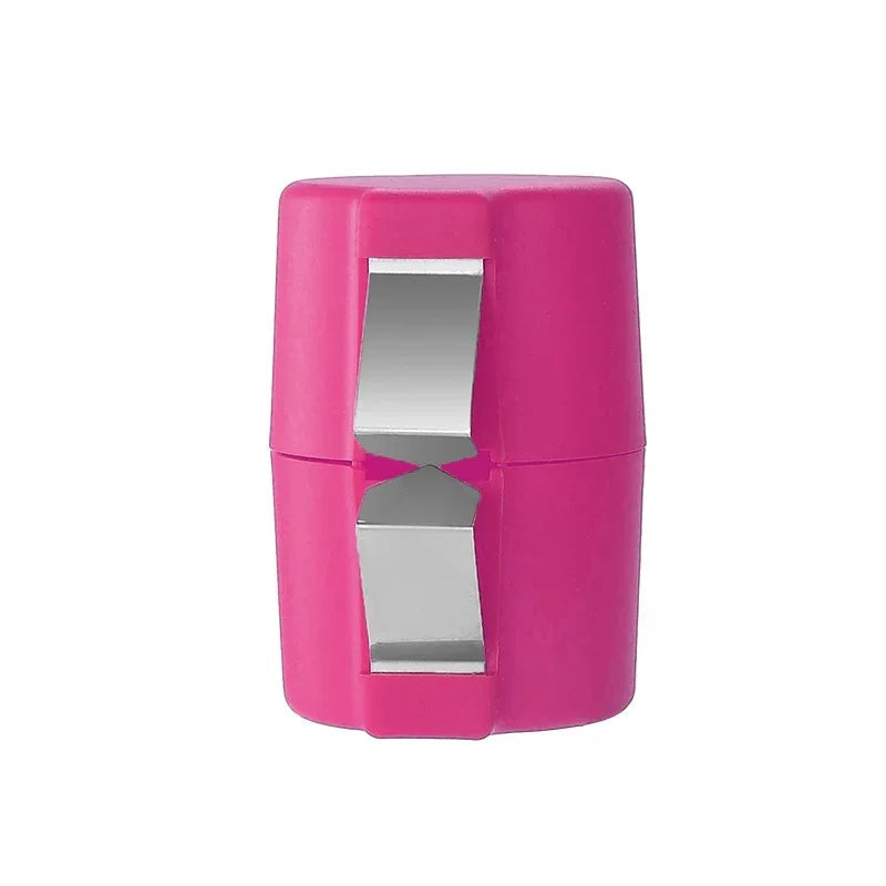 Pink plastic manual bag sealer with silver metal blades, compact kitchen accessory.