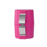 Pink plastic manual bag sealer with silver metal blades, compact kitchen accessory.