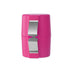 Pink plastic manual bag sealer with silver metal blades, compact kitchen accessory.