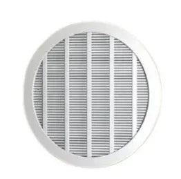 Round white air purifier filter with vertical and horizontal slats, minimalist design