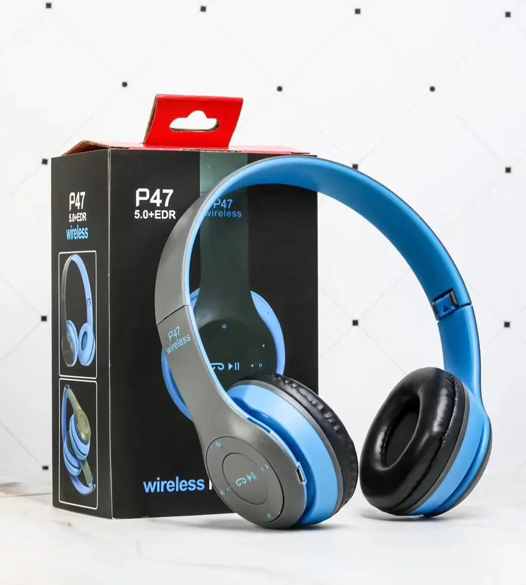 Blue and black wireless over-ear headphones with padded ear cushions and control buttons