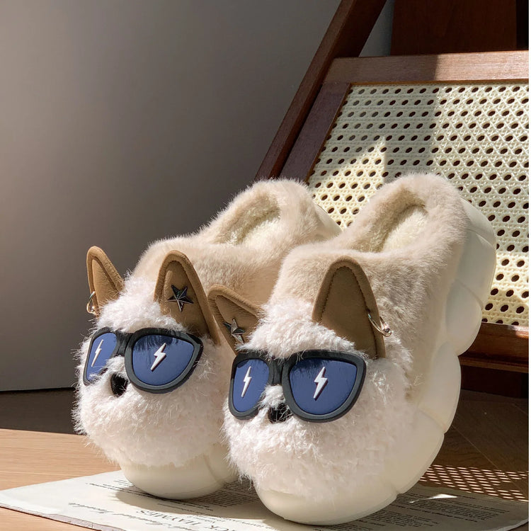 Beige plush slippers with faux fur, dog face, 3D ears, and blue novelty sunglasses design