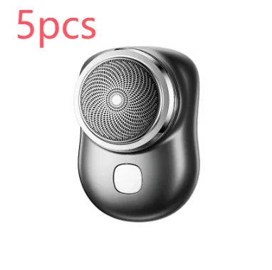 Compact silver electric shaver with a circular blade design, ergonomic curved body, 5 pieces
