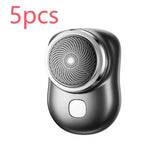 Compact silver electric shaver with a circular blade design, ergonomic curved body, 5 pieces