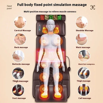 Full body massage mat with black cushioning, showing targeted heat and vibration zones for neck, back, waist, thighs, and feet.
