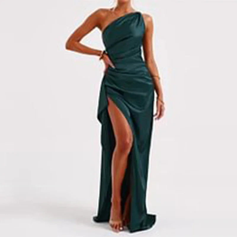Dark green one-shoulder evening dress with high slit, fitted satin material, elegant fit
