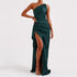 Dark green one-shoulder evening dress with high slit, fitted satin material, elegant fit