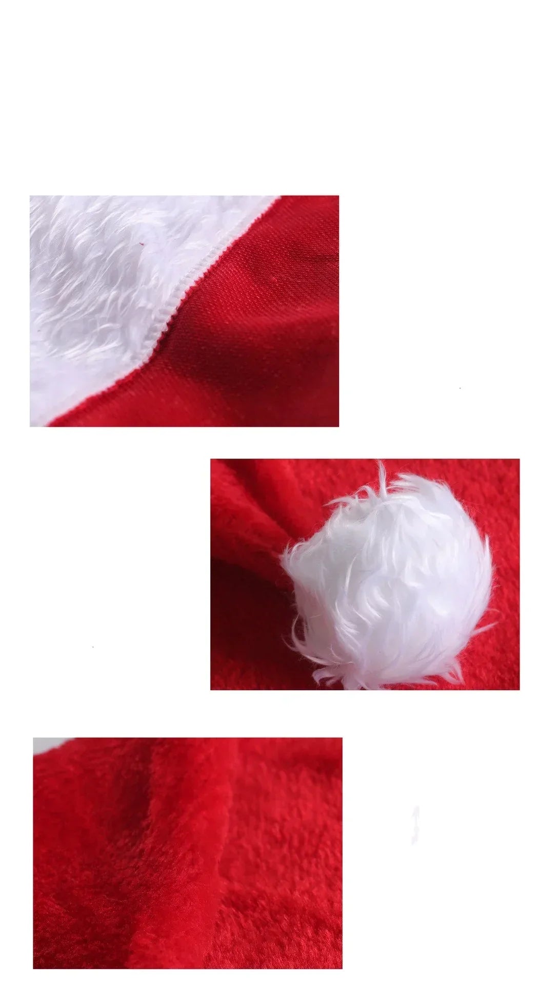Close-up of red and white plush fabric with faux fur trim and pom-pom, festive clothing texture