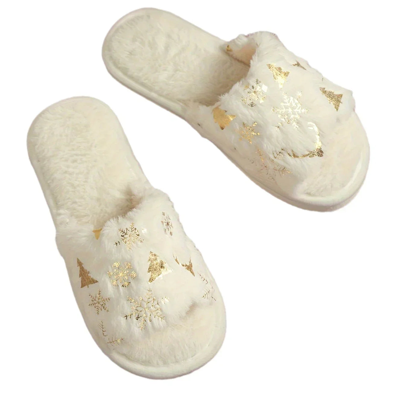 White faux fur slippers with gold foil snowflake and tree print, open-toe, cozy fit