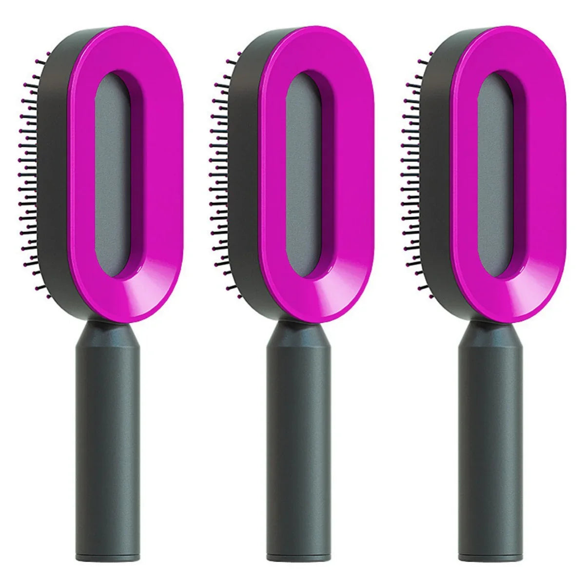 Set of three futuristic hair brushes with pink oval heads and black handles