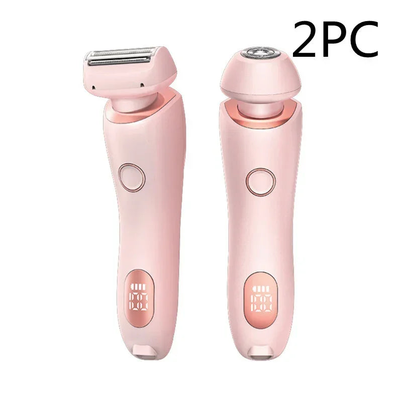Pair of pink electric shavers with digital display, ergonomic handle, and smooth finish
