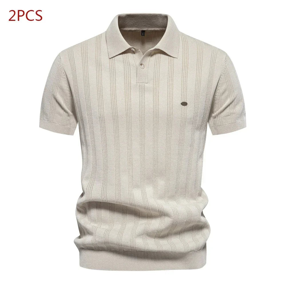 Men's beige knitted short sleeve polo shirt with ribbed texture and classic fit
