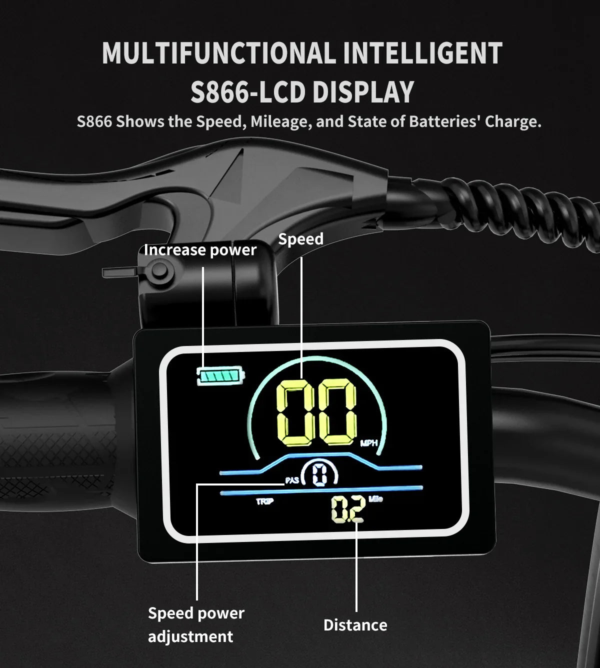 Black digital e-bike LCD display showing speed, distance, battery, and power settings